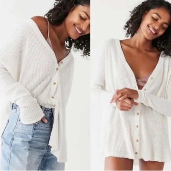Urban Outfitters Tops - Urban Outfitters Out From Under Waffle Knit Button Up Oversized Thermal Top M